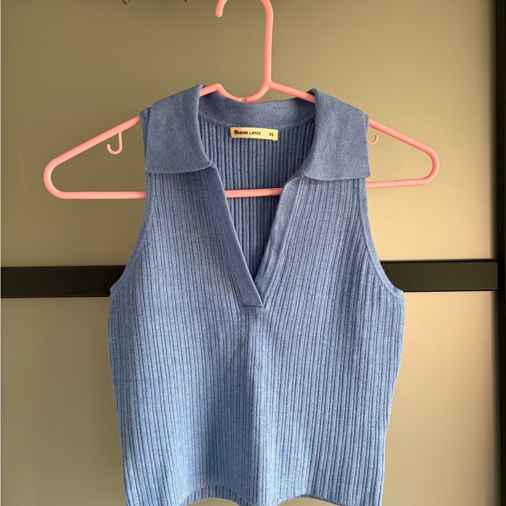 Ribbed Sleeveless Knit Polo Tank Top - Light Blue